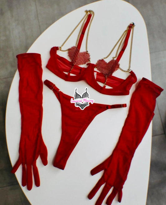 CONJUNTO CORAZON GUANTES ROJOS